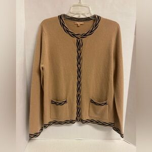 KIER + J Camel Cashmere Cardigan with Black Trim